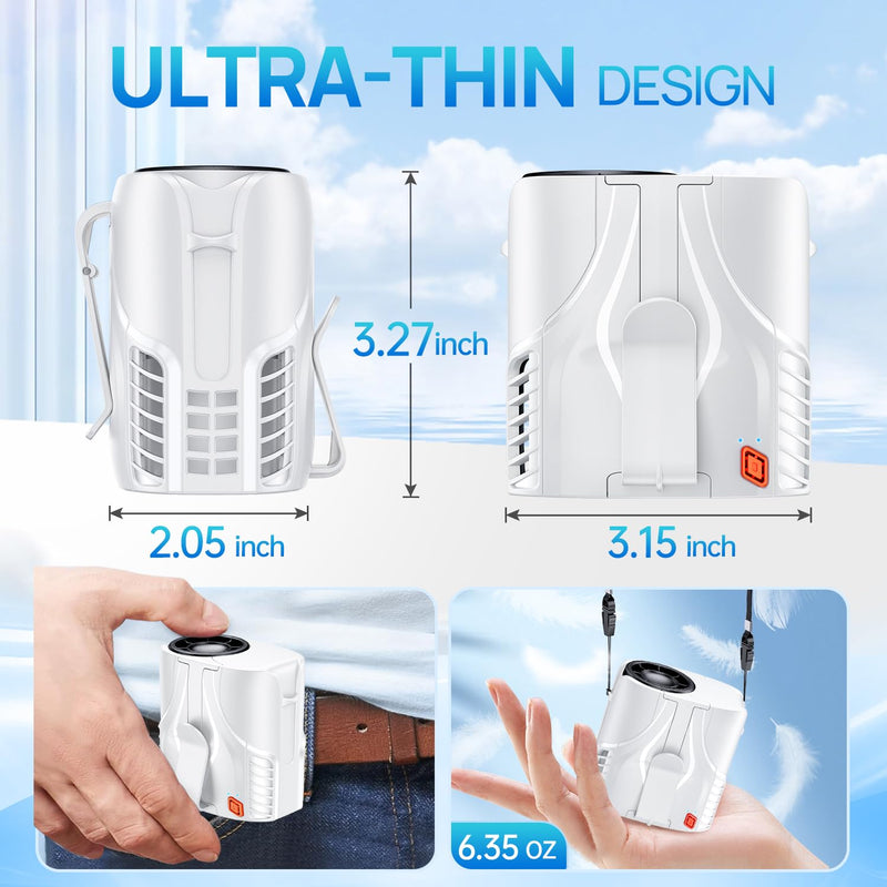 Portable Personal Waist Fan& Neck Fan, 14000RPM Brushless Motor, 40H Runtime Rechargeable, 6-Speed Quiet Operation, Clip-On Personal Body Cooling for Camping/Worksites/Outdoor White