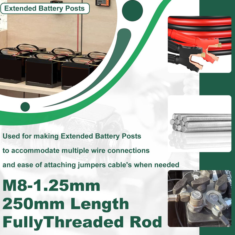 M8x250mm Fully Threaded Rod M8-1.25 2 Pcs Thread Rod 304 Stainless 10" Length Steel Right Hand Threads Metric Threaded Rod All Threaded Rod Studs Battery Post Extended