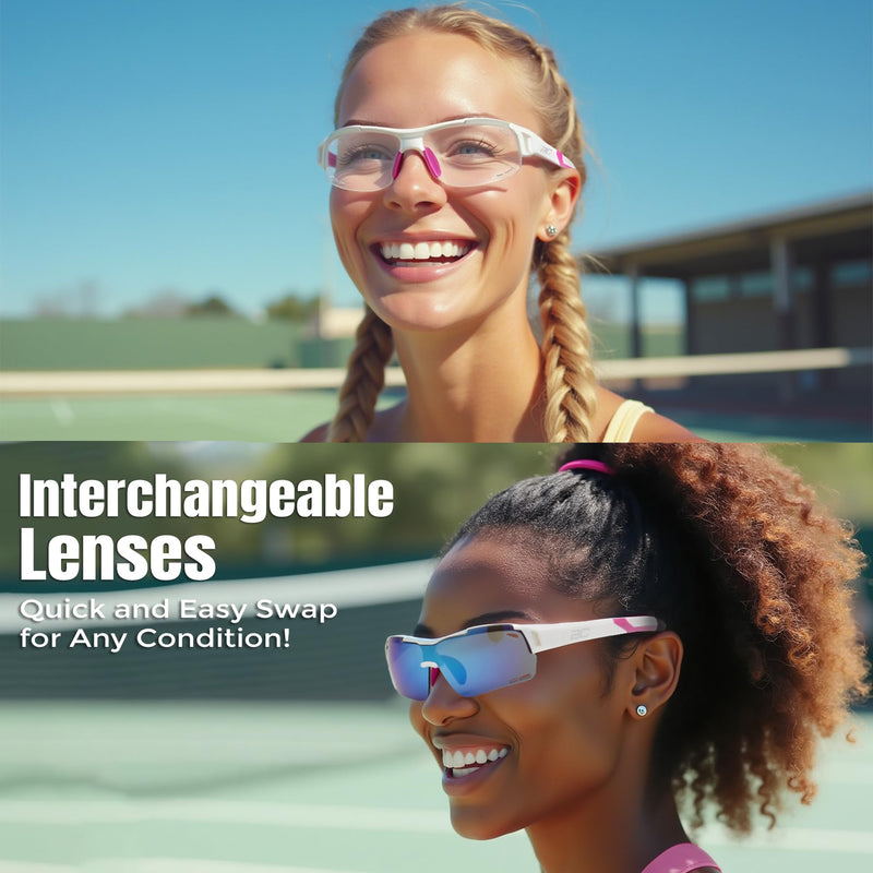 BLUE CUT Sports Safety Goggles Interchangeable Sun Lens Anti Fog UV Protection Indoor Outdoor Pickleball Cycling Basketball White/Pink