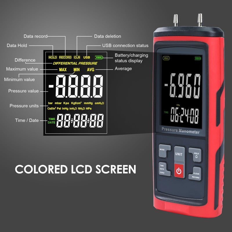Manometer Data Logger Digital Manometer Gas Pressure Tester with ±200 inH2O Measuring Range, Differential Pressure Gauge 13 Selectable Units Manometer HVAC with Large LCD Screen