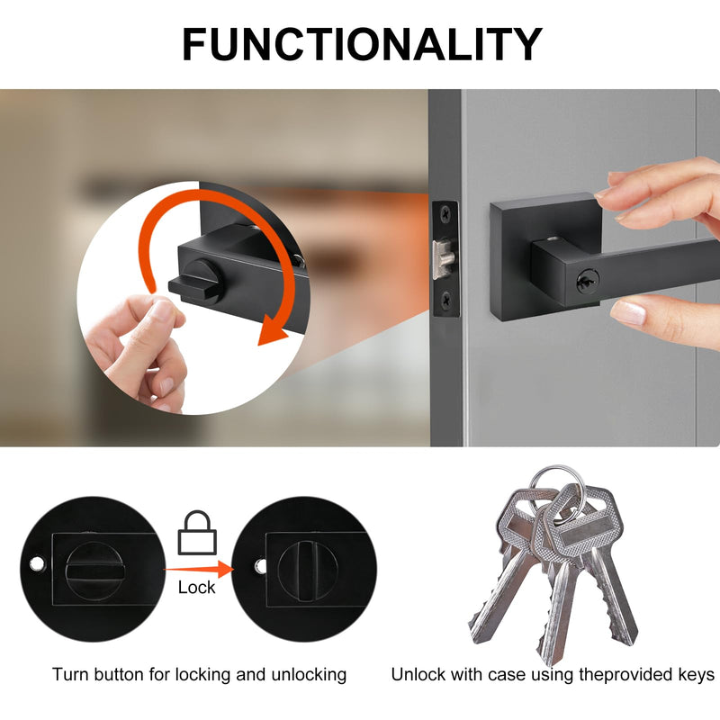 High-Security Stainless Steel Door Handle - with Lock and Key, Door Lever for Bedroom, Bathroom and Rooms(Black) Black-Square