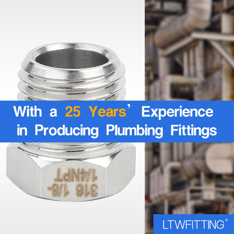 LTWFITTING Bar Production Stainless Steel 316 Pipe Hex Bushing Reducer Fittings 1/4" Male x 1/8" Female NPT Fuel Water Boat (Pack of 25)