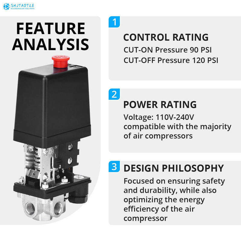 Universal Air Compressor Pressure Switch Control Valve (90-120 PSI, 110V-240V) with 0-180 PSI Regulator and Safety Pressure Relief Valve - 4 Way Replacement Part (110V-240V-B9) 110V-240V-B9