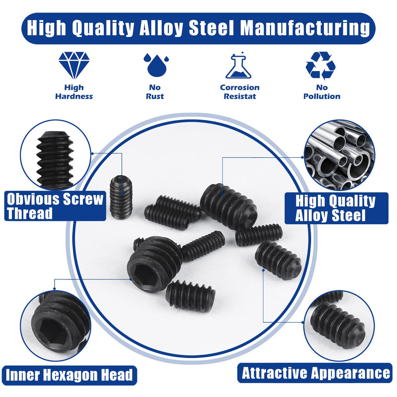 1000pcs Metric + SAE Set Screw Assortment Kit, Internal Hex Drive Cup-Point Allen Screws Set 12.9 Class Alloy Steel Grub Screw (M3-M8, 1/8"-40 to 5/16"-18) Black Set Screws 1000PCS