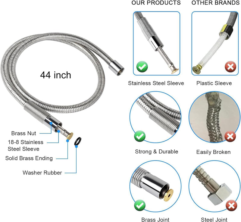 Replacement B-0044-H Commercial Sink Sprayer Hose for T&S Brass, 44 inch Stainless Steel Flexible Pre-Rinse Hose with Heat Resistant Black Handle Commercial Kitchen Sink Faucet Dish Spray Part