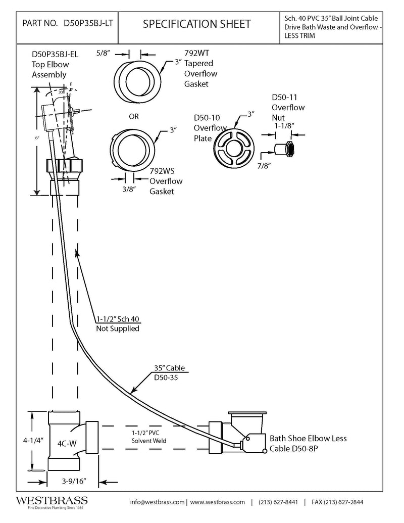Westbrass Ball Joint Head PVC 35” Cable Rough Only, D50P35BJ-LT