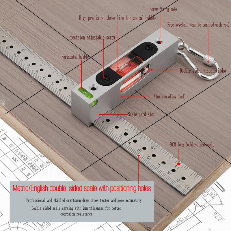UMEI Equipped with Double-Sided Calipers, Chain Buckle for Easy Portability, Adjustable Liquid Level Gauge with Rectangular Holes, Luminescent Band Magnet Level (red) red