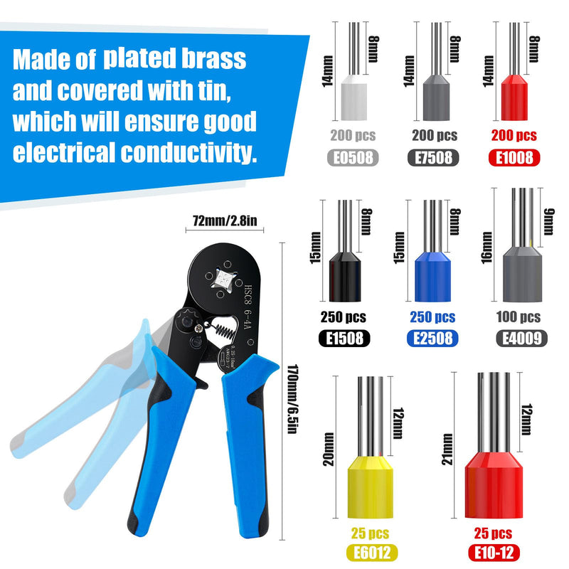 Ferrule Crimping Tool Kit, LUNEY Crimper Plier with 1250PCS Wire Ferrules Kit Wire End Terminals, Self-adjustable Ratchet Tool Set for AWG 23-7 Cable connectors, 0.25-10mm² HSC86-4+1250