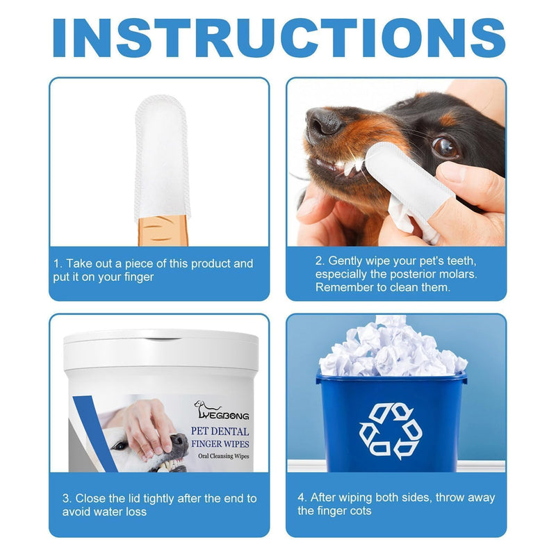 Dog Dental Finger Wipes for Teeth Cleaning Plaque Off, Dental Care for Dogs & Cats, Stain & Tartar Remover for Teeth, Finger Toothbrush Wipes, Fresh Breath & Gum Care with Zinc + Green Tea - 50pc