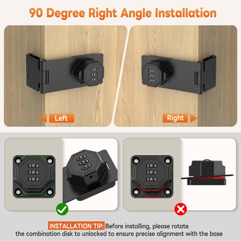 90 Degree 3-Digit Combination Cabinet Lock, Zinc Alloy Keyless Folding Hasp Lock Latch, Password Security Rotary Door Latch for Office File Cabinet, Drawer, Locker, Cupboard (2, Black) 2