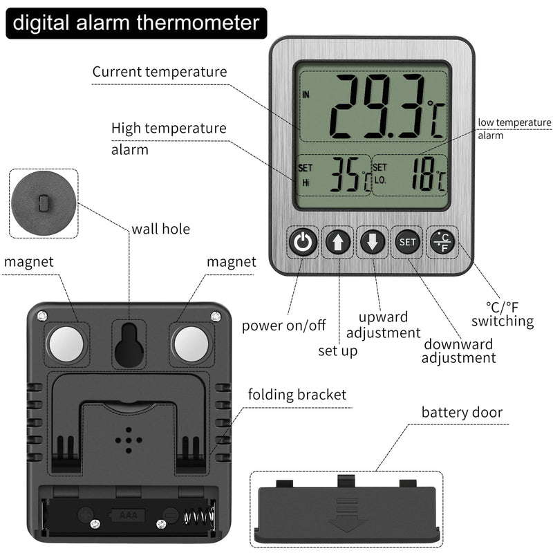 2 pcs Refrigerator Thermometer Freezer Alarm Digital Freezer Thermometer Fridge Thermometer with Extra Sensor high and Low Temperature Alarm (2, Black, ZZ10) small 2