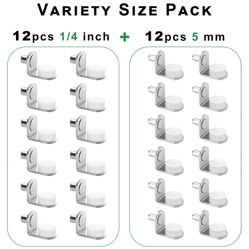 5mm 1/4 Inch Cabinet Shelf Support Pegs Metal Shelving Pins for Bookshelf Shelves in Cabinets, 24Pcs Nickel 1/4 Inch (12pcs) + 5mm (12pcs)