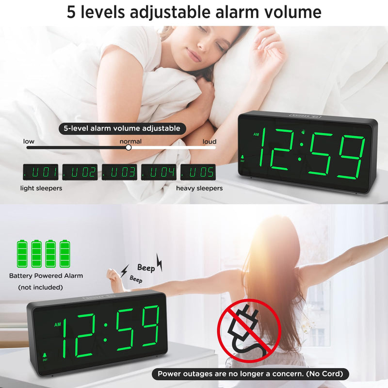 Peakeep Battery Operated Digital Alarm Clock for Bedrooms - Cordless Large Big Numbers 4 Dimmers, Auto Dimming for Seniors, Adjustable Volume Loud Alarm Clock for Heavy Sleepers Adults (Green Digits) Green Digits