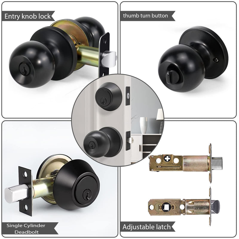 Exterior Door Lock Set with Deadbolt, Single Cylinder Deadbolt Lock and Door Knob Set, Keyed Alike Door Locks for Front Door,Matte Black Door Knob and Deadbolt Set(2Pack Set) 2 Pack Matte Black