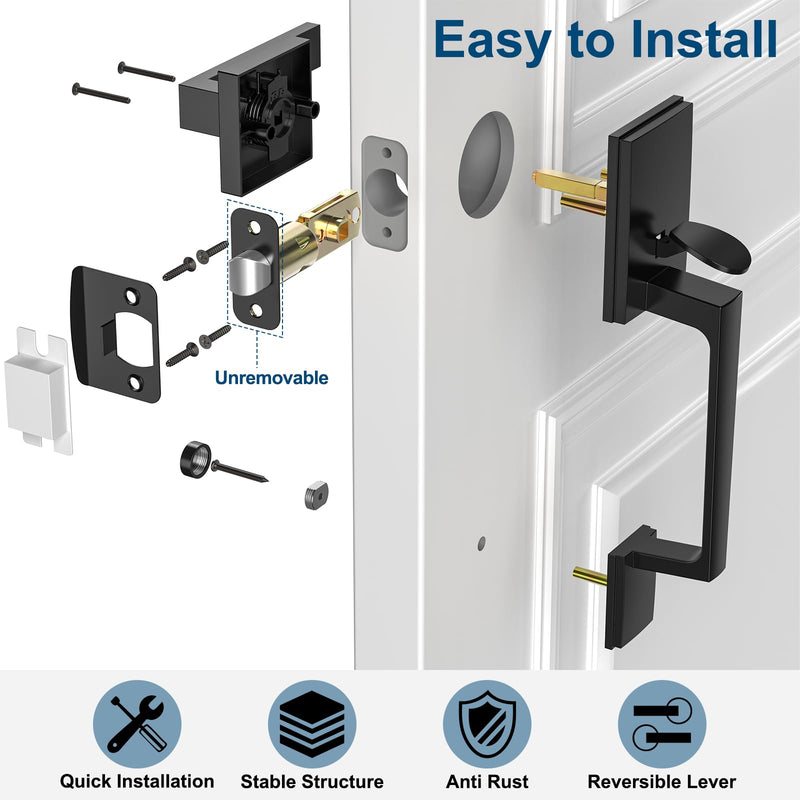 Black Front Door Handle No Lock, Exterior Entry Door Handle with Interior Passage Levers, Front Door Lock Set for Left Right Handle Doors, Deadbolt Set Not Included, Non-Locking