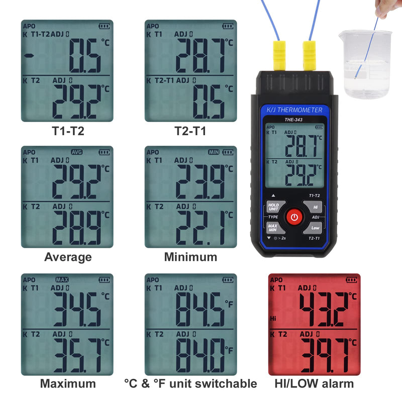Thermocouple Thermometer Digital K Type Thermometer with 4 Thermocouples, -328~2500℉ Measuring Range HVAC Thermometer Dual Channels Temperature Meter Gauge with LED Backlight & ADJ Compensation 2 Channels Thermometer