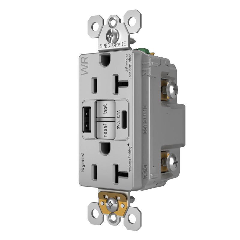 Legrand Pass & Seymour Radiant 20 Amp Hospital-Grade GFCI Wall Power Outlet with 2.0 Amp USB Charger, Gray