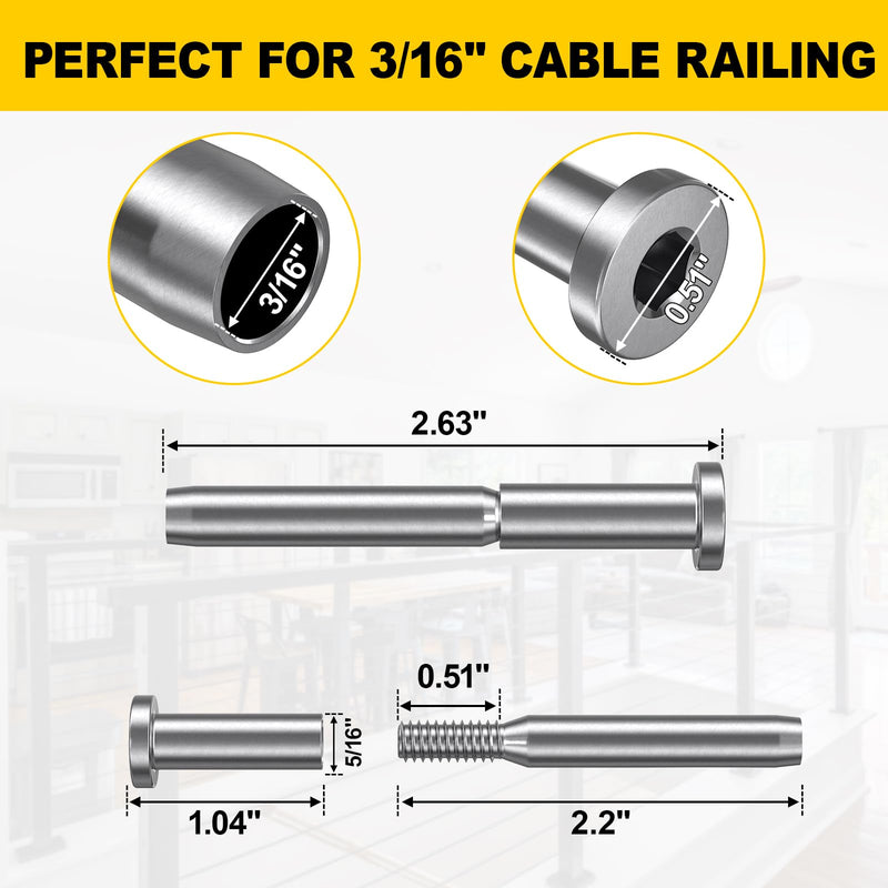 50 Pack 3/16" Invisible Cable Railing Kit,Stainless Swage Tensioner Sliver