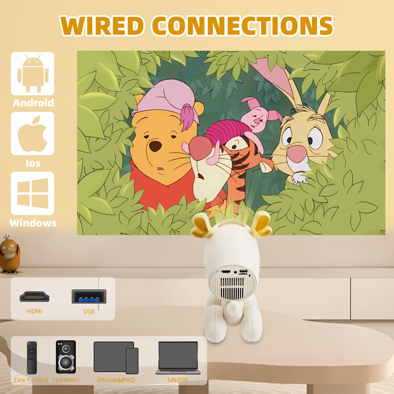 Cartoon Dog Mini Projector with Wifi6 and Bluetooth 5.1 1080P Full HD Portable Projector Movie Projector Compatible with TV Stick Smartphone/HDMI/USB Indoor/Outdoor Use