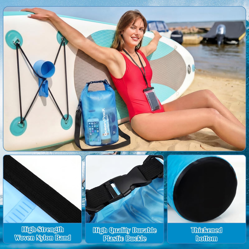 Thinkday 3 Pcs Paddle Board Accessories Include 5L Waterproof Dry Bag for Women Men 2-in-1 Paddleboard Cup Holder Waterproof Phone Case Roll Top Lightweight Storage Bag for SUP Kayak Boat (Blue) Blue