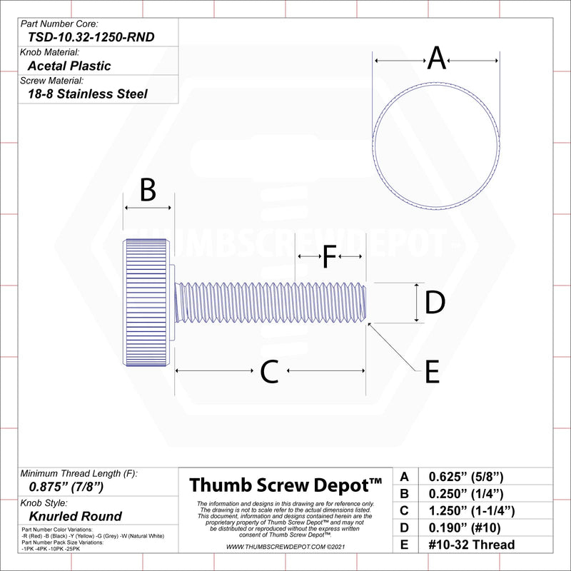#10-32 x 1-1/4" Thumb Screw Stainless Steel - White Knurled Round Plastic Knob - Fine Thread ThumbScrew - Length: 1.250" - Proudly Built in USA - Package of (25) 25