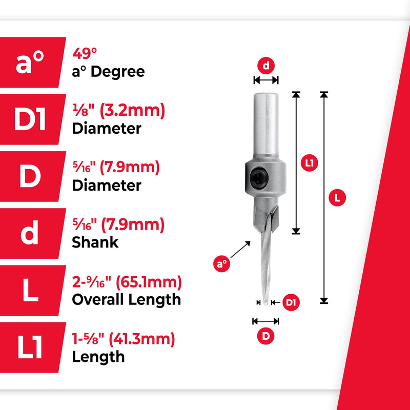 Amana Tool Carbide Tipped Countersink Drill Bit, 55203, 6 Screw, 5/16 Dia x 1/8 Drill Dia x 5/16 Round Shank
