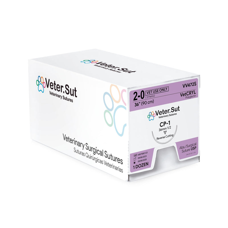 VeterSut VetCRYL Absorbable Polyglactin Surgical Suture USP Size 2-0, (CP-1) 1/2 36mm Reverse Cutting Needle, 36 Inches (90 cm), 12 Count, Veterinary Use - NewNest Australia