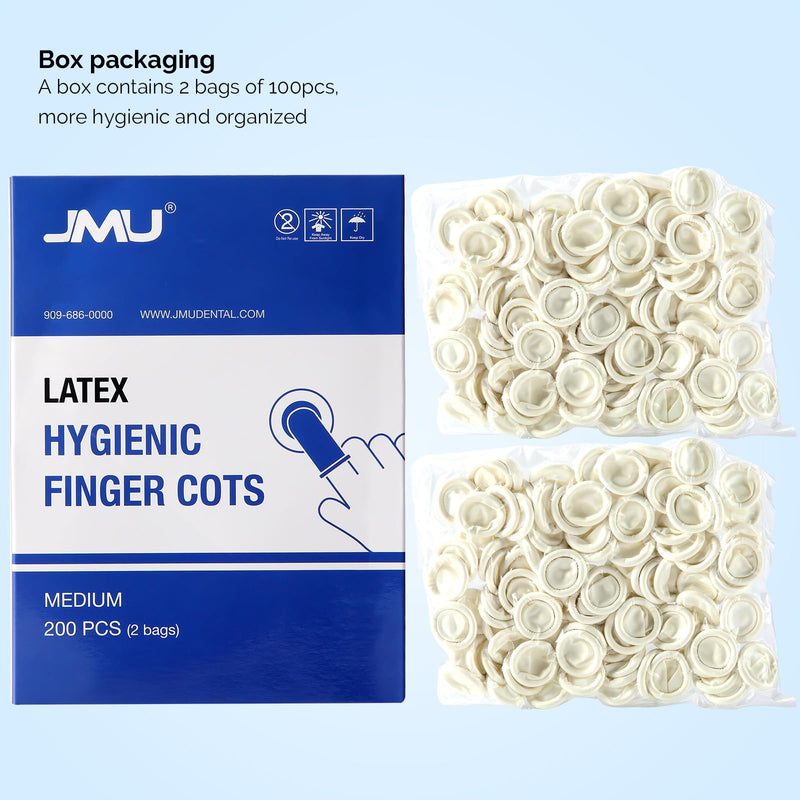 JMU 200PCS Latex Finger Cots Medium, Finger Protectors Disposable, White, Box of 200 Medium-200 PCS