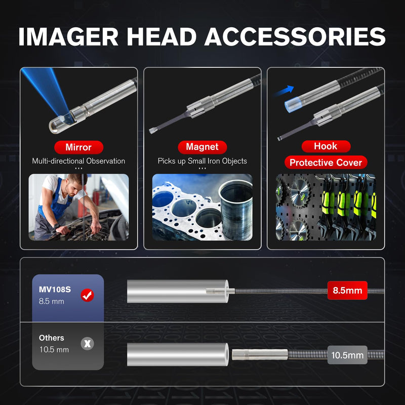 Autel MaxiVideo MV108S Digital Inspection Camera, 2MP 1920x1080, 8.5mm Ultra-Slim USB Industrial Endoscope, IP67 Borescope Snake Camera+ LED Light, Work w/Autel Scanner & P-C, up of MV108 MV105S MV105