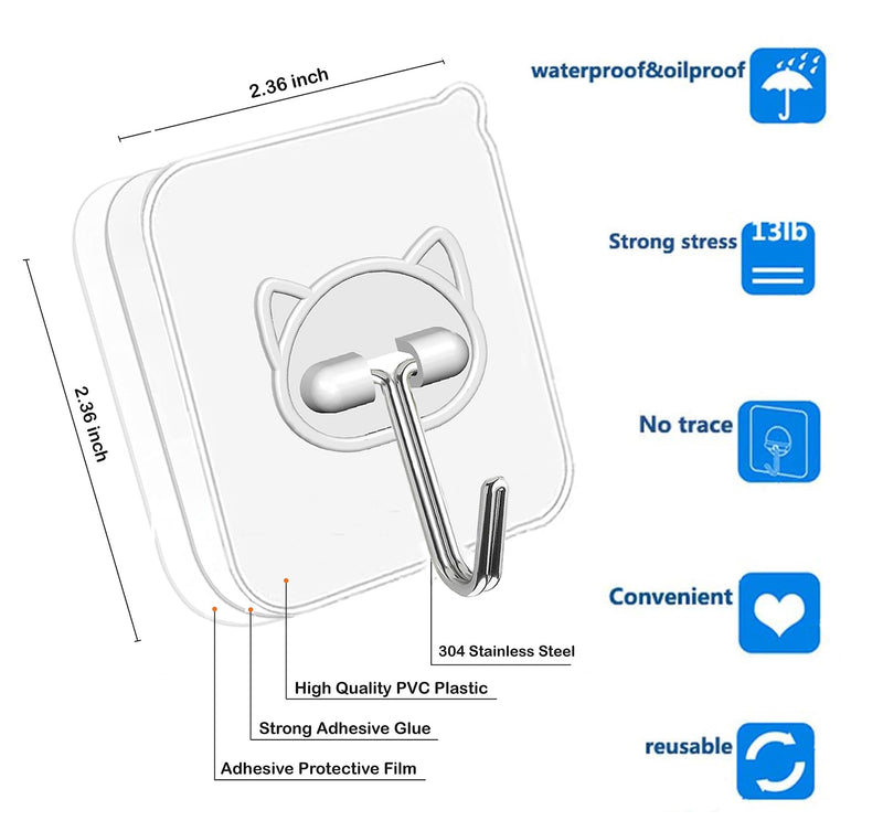 Adhesive Hooks for Hanging 24 Pack,Heavy Duty Wall Hooks 33 lbs 304 Stainless Steel Self Adhesive Sticky Hooks Waterproof Bathroom Hooks Transparent Sticky Hooks for Kitchen Glass Door