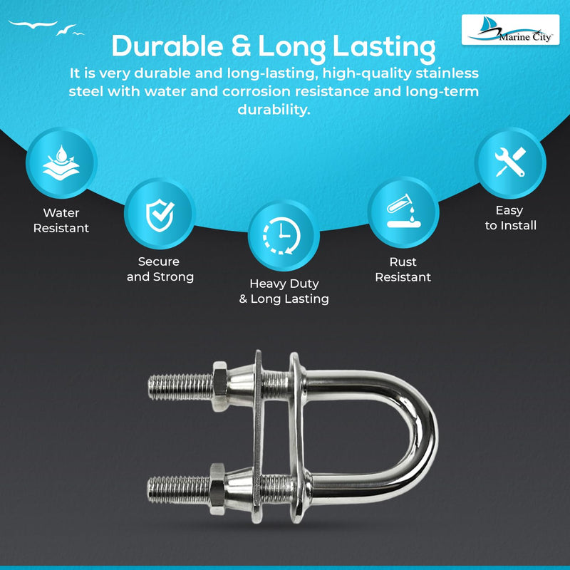 MARINE CITY 316 Stainless Steel U-Bolt with Plate, Nuts & Washer – 4.85" L x 2.25" W, 46mm Center, 8mm Dia, Heavy Duty Corrosion Resistant Deck Hardware for Boat, Marine, Yacht, RV (1 Pack)