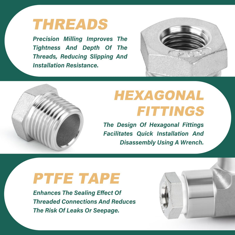 5PCS 304 Stainless Steel Reducer Hex Bushing, 3/4" NPT male x 1/4" NPT Female, Reducing Pipe Adapter Fitting 3/4" MNPT x 1/4" FNPT 5