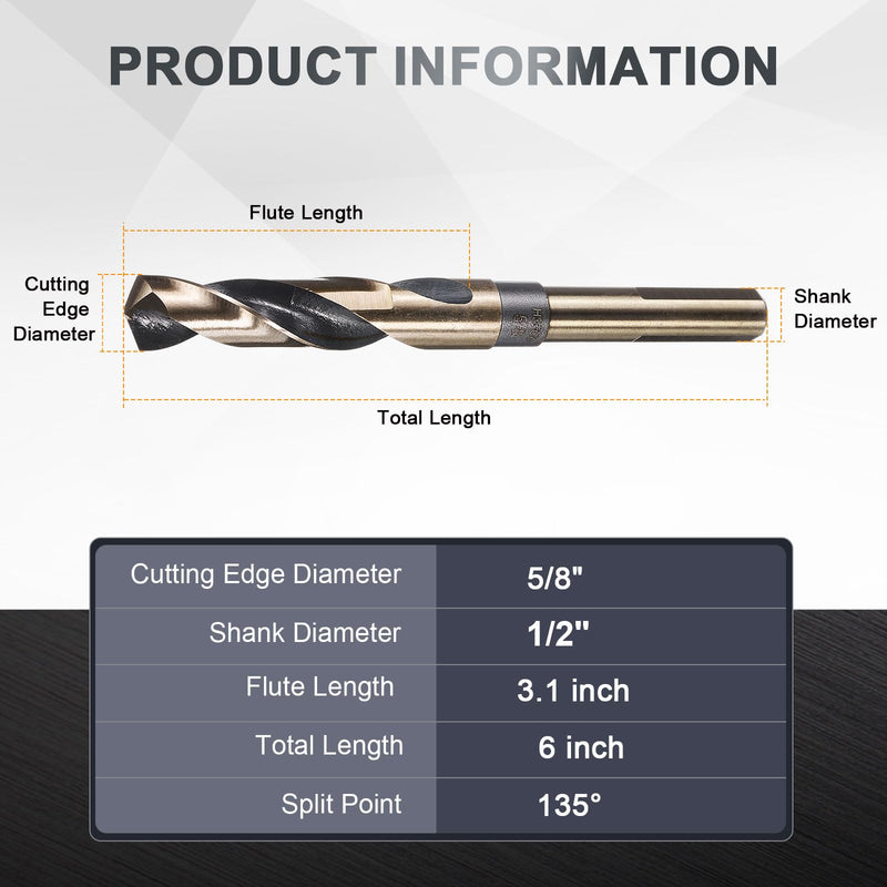 uxcell 3Pcs 5/8" Drill Bit 1/2" Reduced Shank M35 Cobalt 5% High-Speed Steel Twist Black and Gold Finish 135° Drill for High Hardness Materials 5/8 in