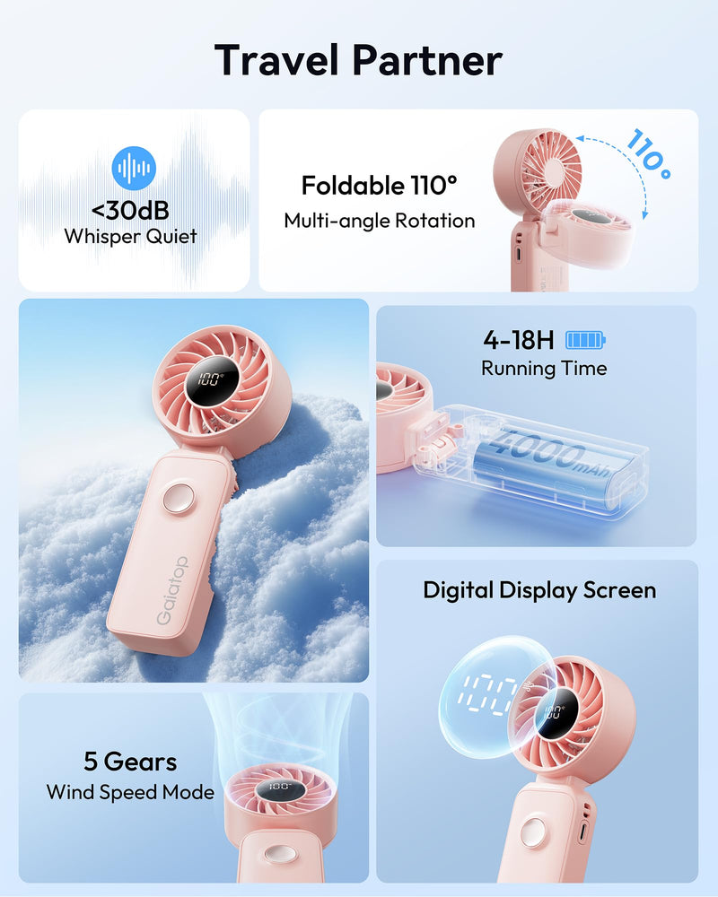 Gaiatop Portable Handheld Fan, Quiet 3 IN 1 Neck/Desk/Hand Fan Pink