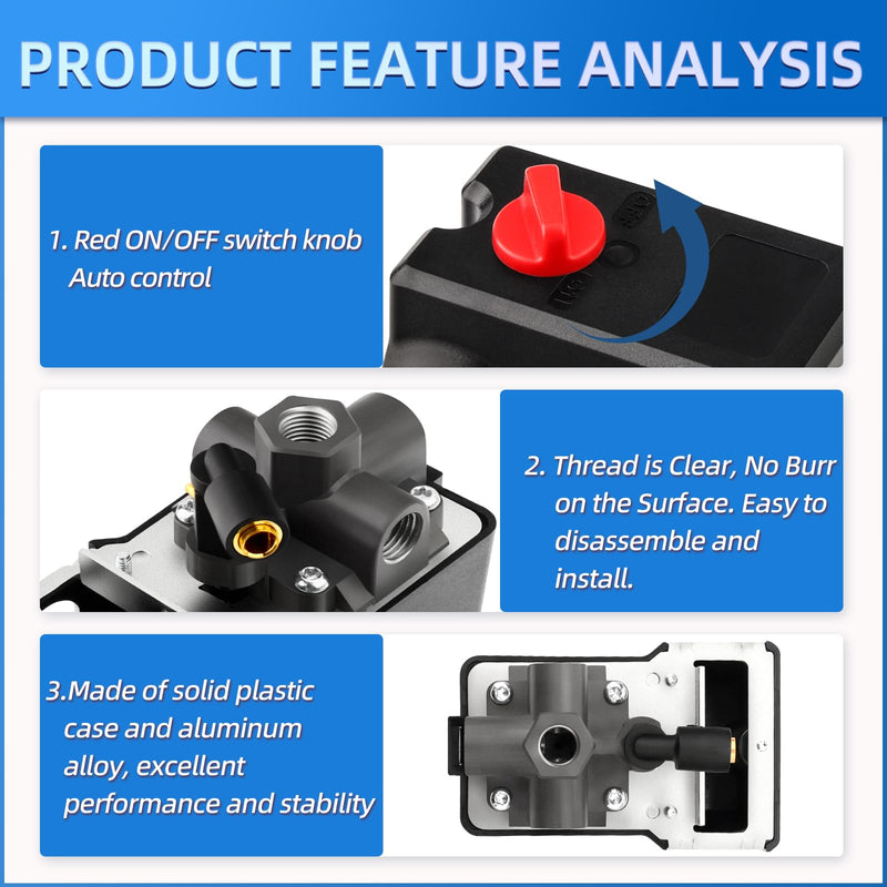 MEANLIN MEASURE Air Compressor Pressure Switch Control Valve 120-155 PSI 110V-240V 4-way Lateral Port Replacement Parts With 0-200 Psi Pressure gauge and Safety Pressure Relief Valve Basic Model