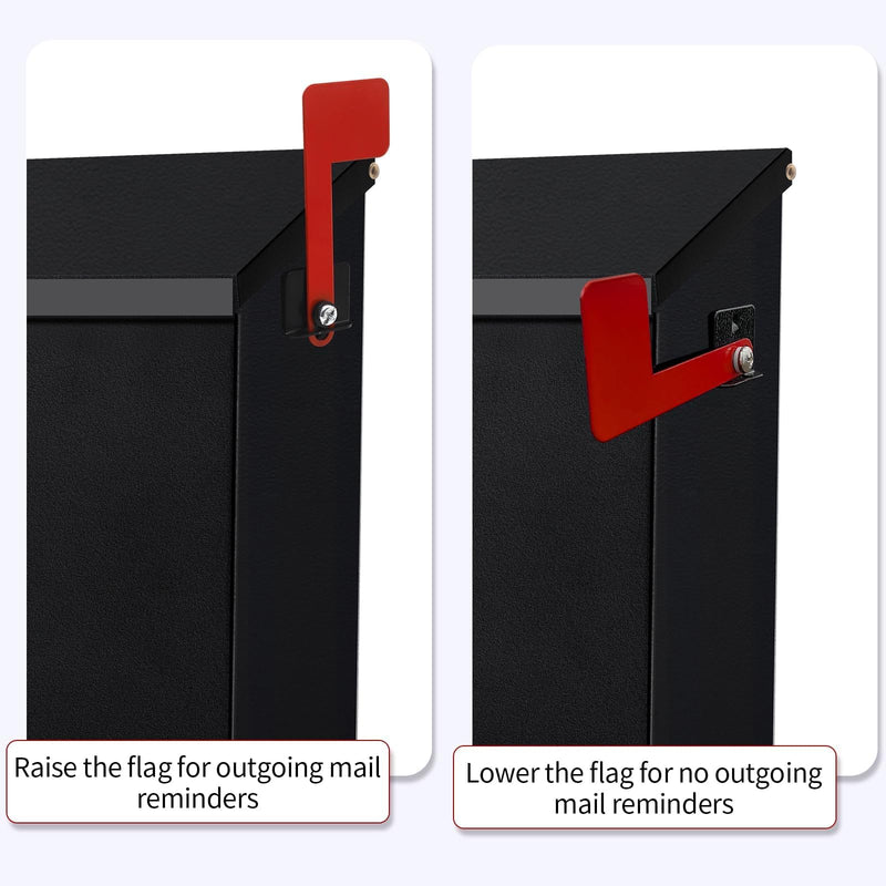 Wall-Mount Mailbox with Flag Metal Mail Box for Outside Large Capacity Rust-Proof Post Box for House Use, 14.2” x 4” x 9.5”, Black