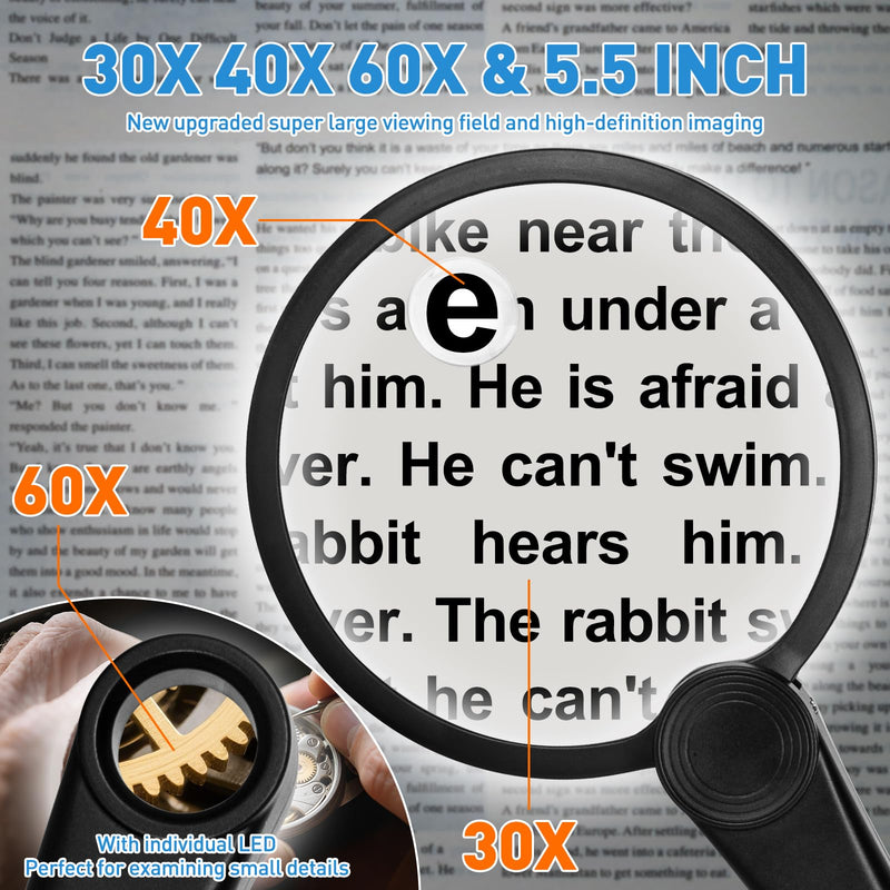 5.2 Inch Large Rechargeable Magnifier with Light, 30X 40X 60X Handheld Magnifying Glass with 49 Anti-Flicker LED Light, Third Gear Dimming Strongest Lighted Magnifier for Seniors Reading Coins 5.2inch Black