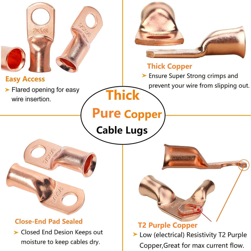 SVAAR 20pcs Battery Cable Ends Kit 1/0 AWG 2/0 AWG Copper Lugs 0 Gauge 00 Gauge Battery Cable Lugs with 3/8" and 5/16" Stud Heavy Duty Wire lugs Ring Terminal Connectors with 3:1 Heat Shrink Tube 00 Gauge 0 Gauge Bare Pure Copper