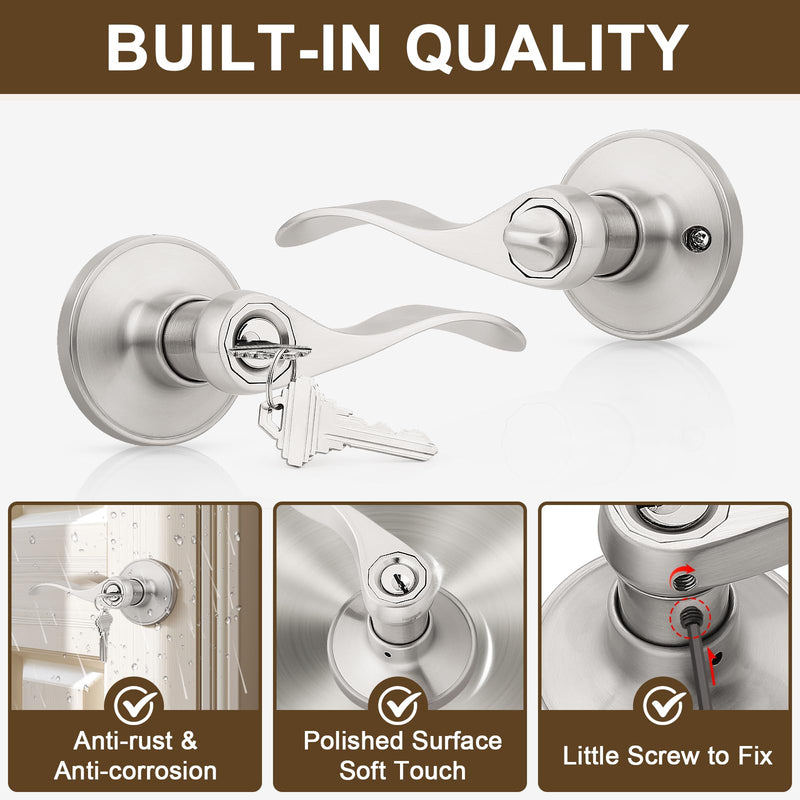 KNOBWELL 2 Pack Front Door Handles with Lock and Key Wave Style Keyed Entry handleset Entrance Door Knob Lockset(Different Keys) Brushed Nickel
