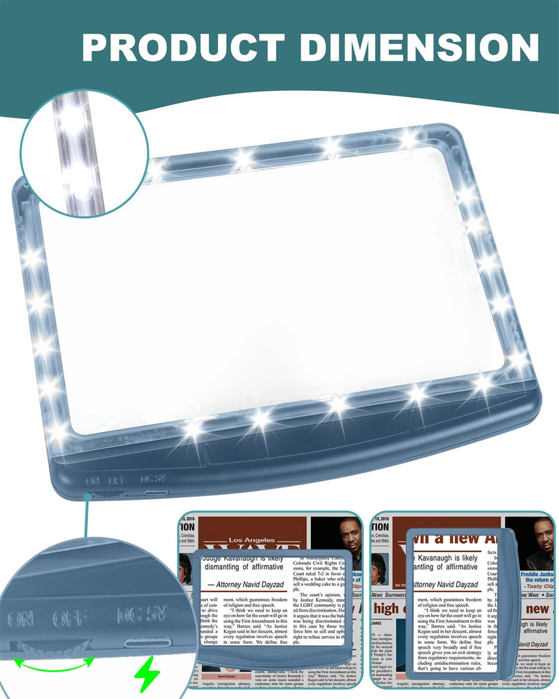 5X Rechargeable Magnifying Glass with Light, Large Bright LED Lighted Full Page Magnifier, Lightweight Rectangular Handheld Magnifier with Light for Reading Small Prints for Seniors, Blue 5X
