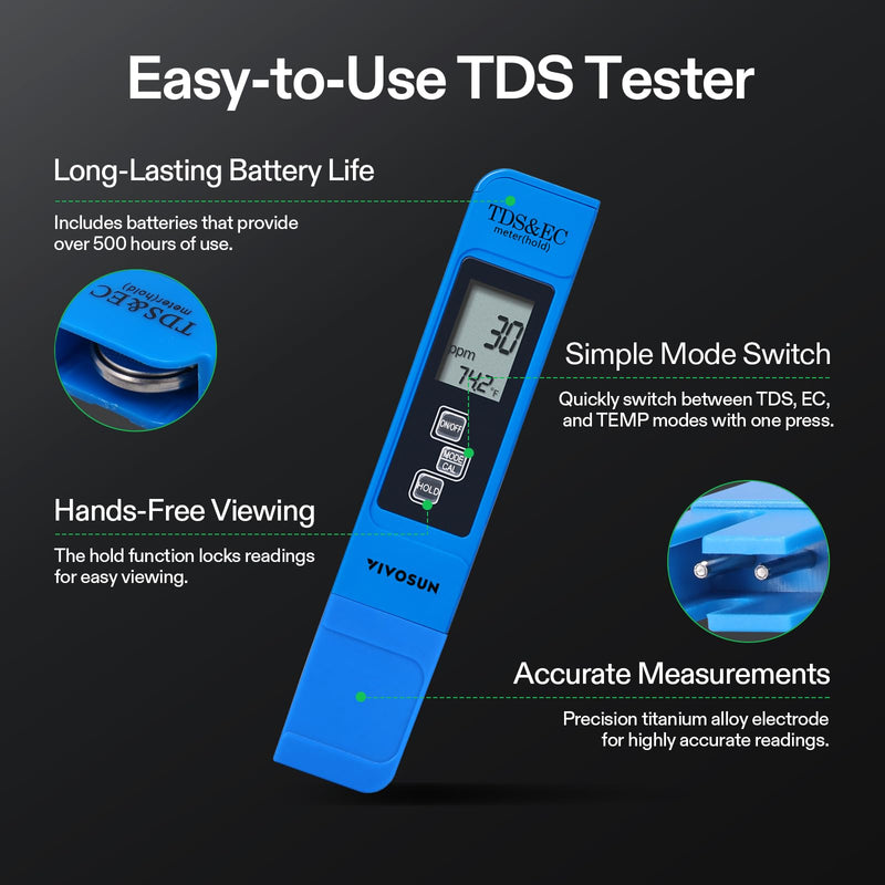 VIVOSUN Digital pH and TDS Meter Kits, 0.01pH High Accuracy Pen Type pH Meter ± 2% Readout Accuracy 3-in-1 TDS EC Temperature Meter for Hydroponics, Pool and Aquarium, Yellow Blue, UL Certified Yellow+Blue