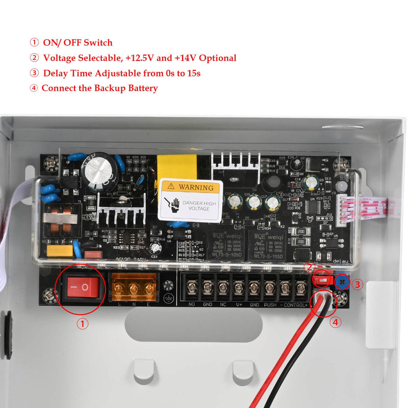 Access Control Power Supply Controller, 100V-240V AC to DC 12V/14V 5A, Adjustable Delay 0-15s, Metal Case with Battery Backup Charging & LED Indicators, for Door Locks, Intercoms, Access Systems 14V,5A with LED