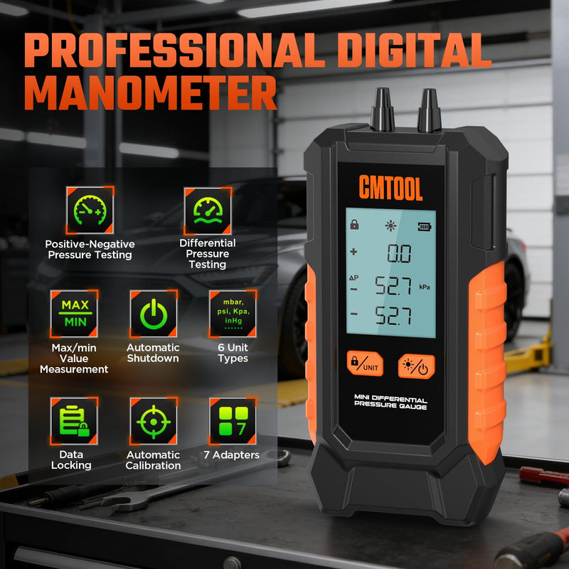 Manometer Gas Pressure Tester, Digital Manometer, -100-200Kpa, 6 Units Differential Pressure Gauge, Max/Min/Data Storage, 2-Port Tester for HVAC/Automotive Brake/Industrial/Lab Calibration (Mini) Mini