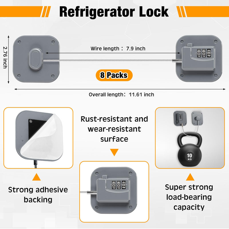 8 Pack Fridge Lock Heavy Duty Locks for Fridge Freezer Lock for Child Safety Cabinet Coded Adhesive Combination Refrigerator for Drawers Cabinet Window Easy Install No Drilling Black (Gray) Gray