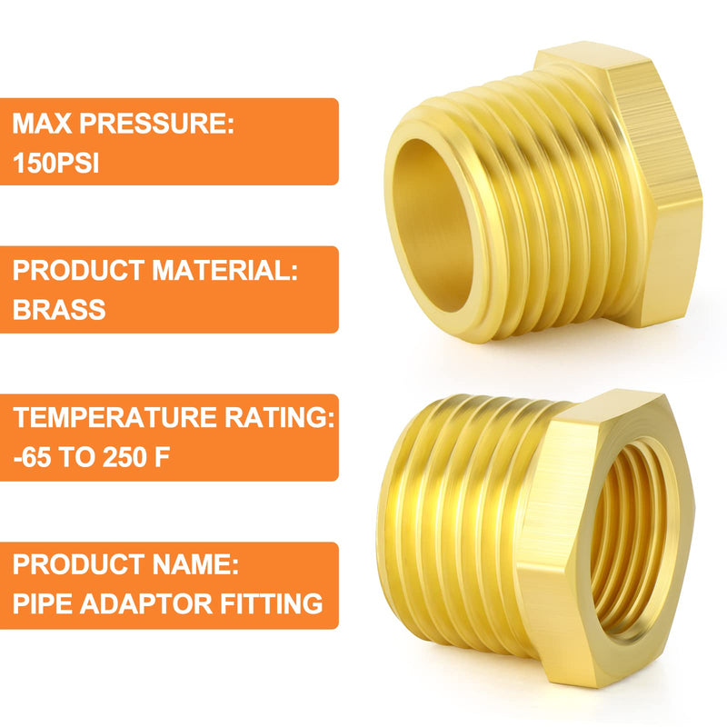 GASHER 10Pcs Brass Reducer Hex Bushing 1" NPT Male x 3/4" NPT Female, Brass Threaded Pipe Fitting 1" MNPT x 3/4" FNPT 10