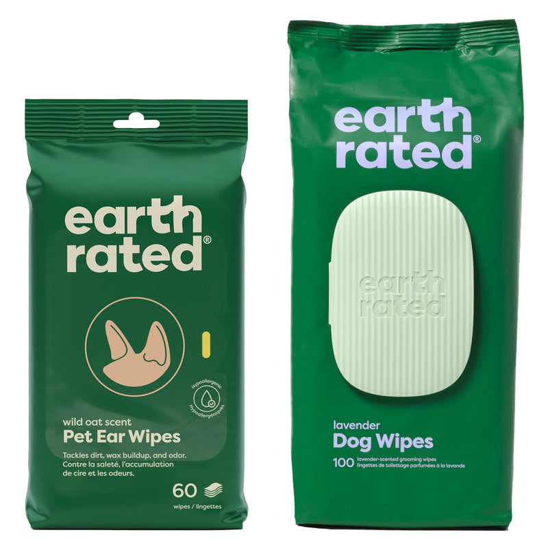 Earth Rated Ear Wipes & Grooming Wipes Bundle - Includes 60 Wild Oat-Scented Pet Ear Wipes and 100 Lavender-Scented Grooming Wipes.