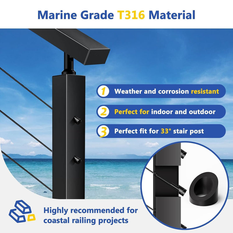 30 Pack 0.35" ID T316 Angle Washers Max for 5/16" Cable Railing Hardware, Marine Grade Stainless Steel 33° Angle Beveled Washers for Stair Deck Metal Wood Aluminum End Posts, Black 30
