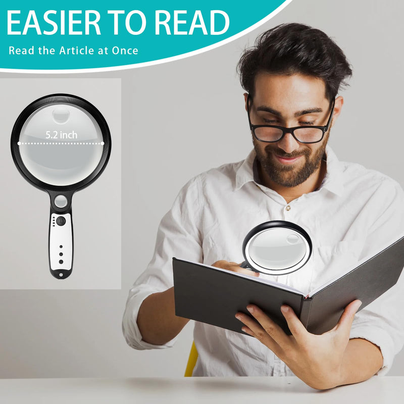 Large Magnifying Glass with 37 LED Light, 10X 20X 45X Handheld Illuminated Lighted Magnifier with 3 Light Modes Rechargeable Magnifying Glass for Seniors Reading, Inspection (Black & White) Black & White Magnifier with Light (No Case)