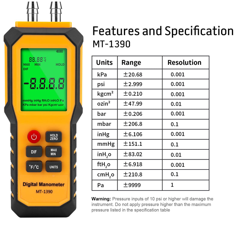 5/16 Inches Diameter Pressure Port Digital Manometer, YZT Meter Dual Port Air Pressure Meter Pressure Gauge HVAC Gas Tester, Differential Pressure Manometer 5/16 Inches Diameter Port