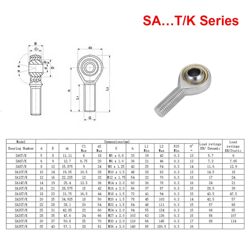 SA8T/K Rod End Bearing, 4pcs 8mm Bore Self Lubricating M8x1.25mm Metric Male Thread Right Hand Heim Joint with Jam Nuts SA